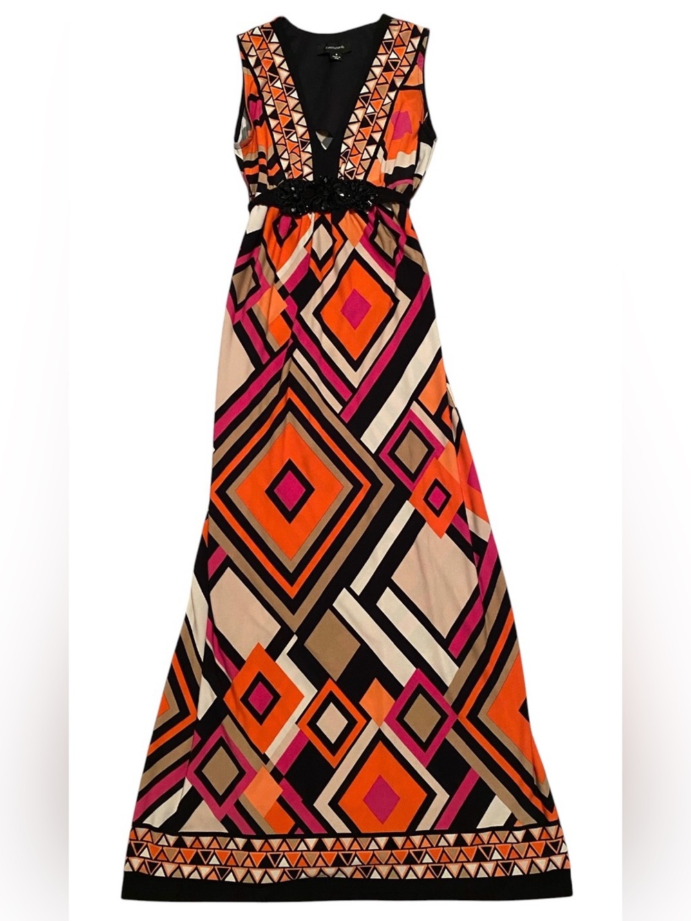 R&M Richards V-Neck Geometric Maxi Dress in Orange, Black. Pink & Cream, Size 8 - Picture 4 of 8